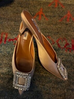 Bibi Lou Cream Satin Pointed Toe Slingback Mules with Crystal Buckles 37